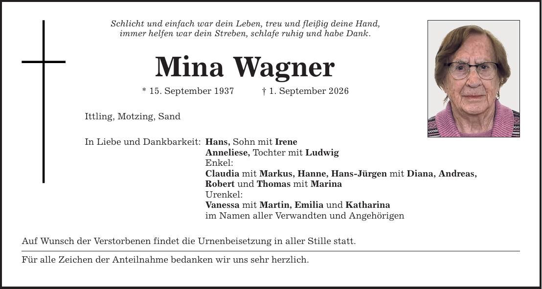 Traueranzeige Mina Wagner