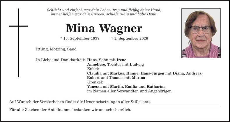 Traueranzeige Mina Wagner