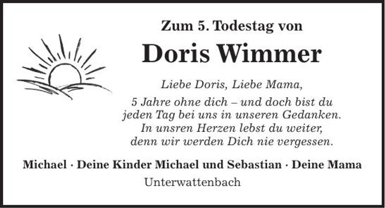 Traueranzeige Doris Wimmer