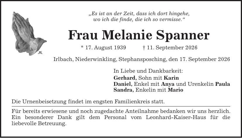 Traueranzeige Melanie Spanner