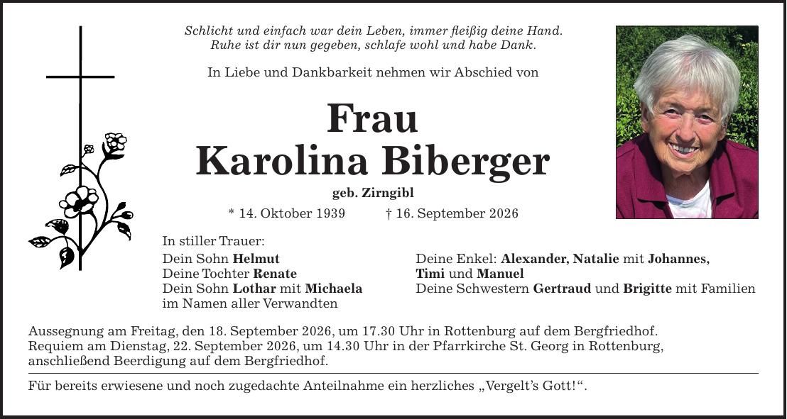 Traueranzeige Karolina Biberger