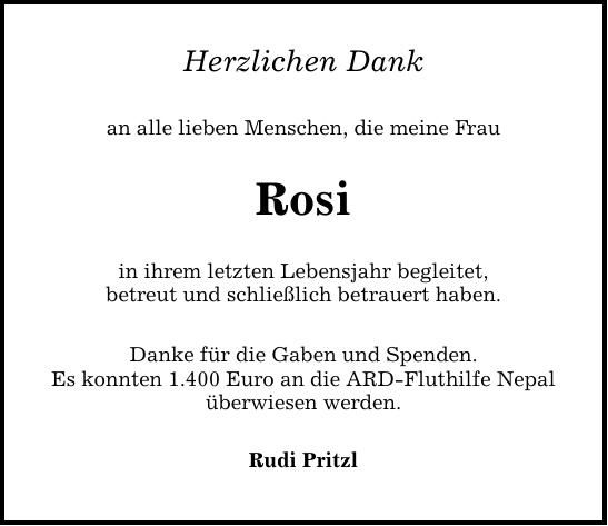 Traueranzeige Rosi Pritzl