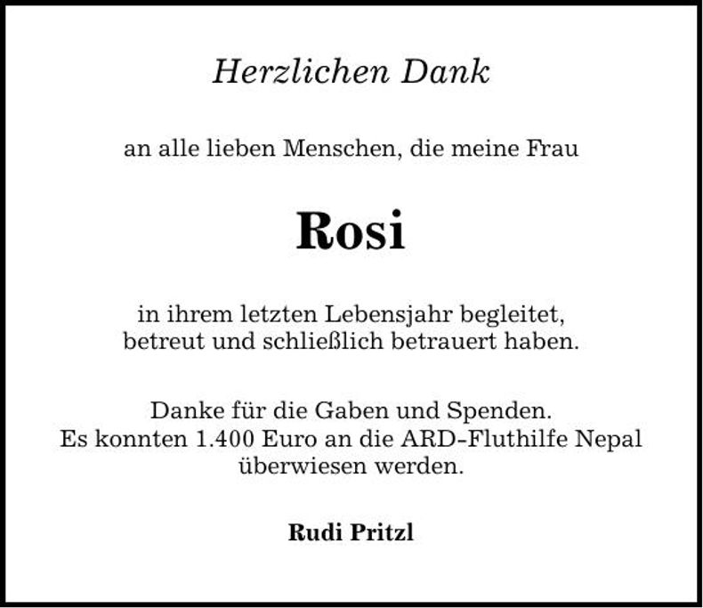 Traueranzeige Rosi Pritzl
