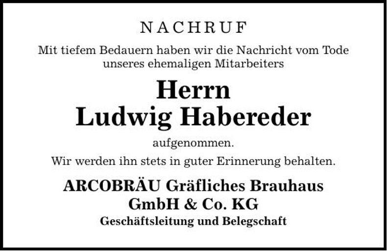 Traueranzeige Ludwig Habereder