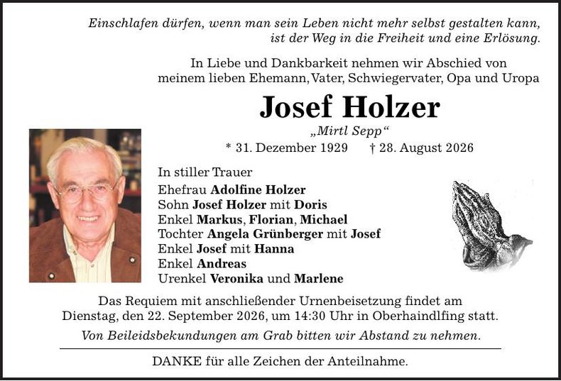 Traueranzeige Jossef Holzer