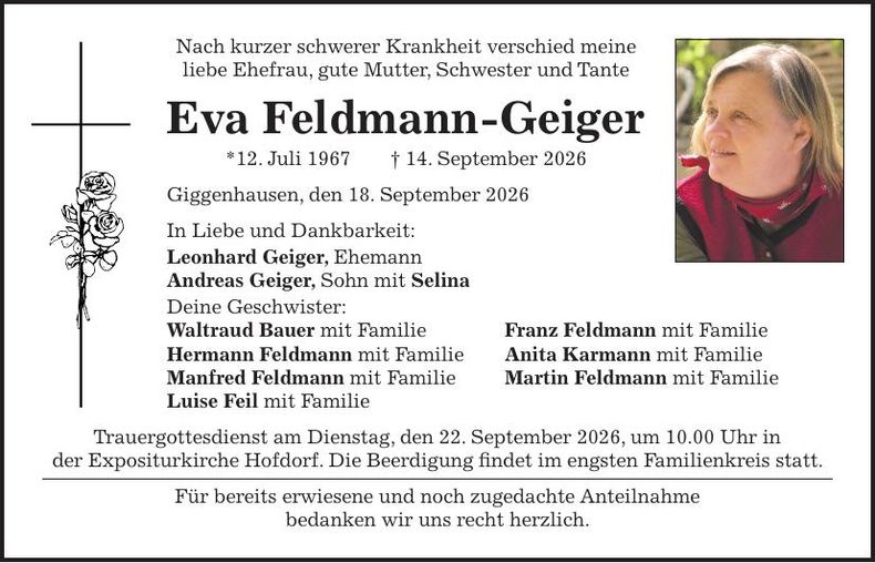 Traueranzeige Eva Feldmann-Geiger