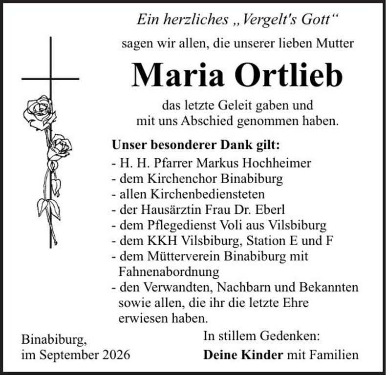 Traueranzeige Maria Ortlieb