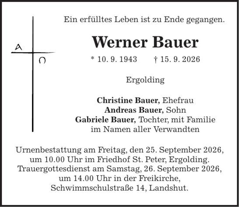 Traueranzeige Werner Bauer 