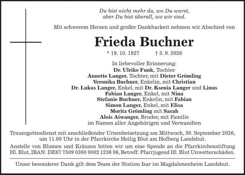 Traueranzeige Frieda Buchner