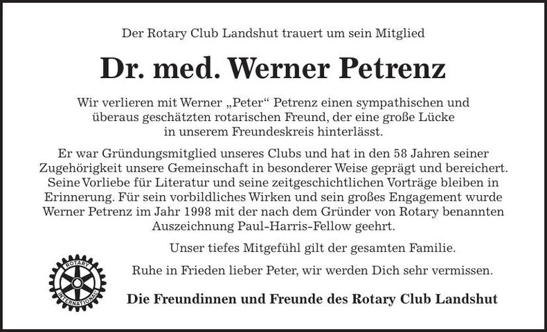 Traueranzeige Dr. med. Werner Petrenz