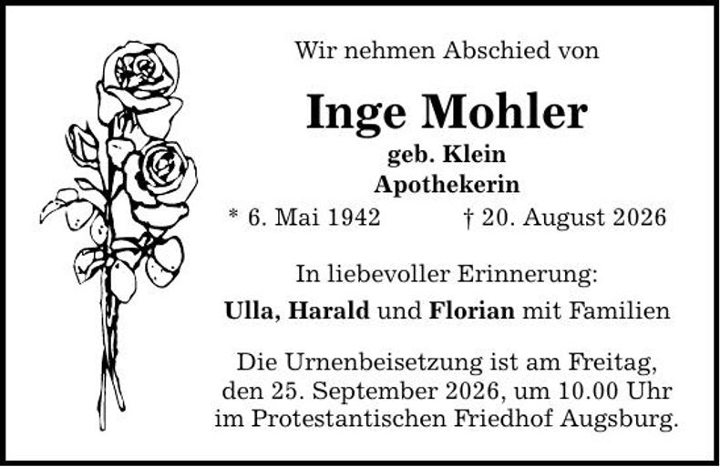 Traueranzeige Inge Mohler
