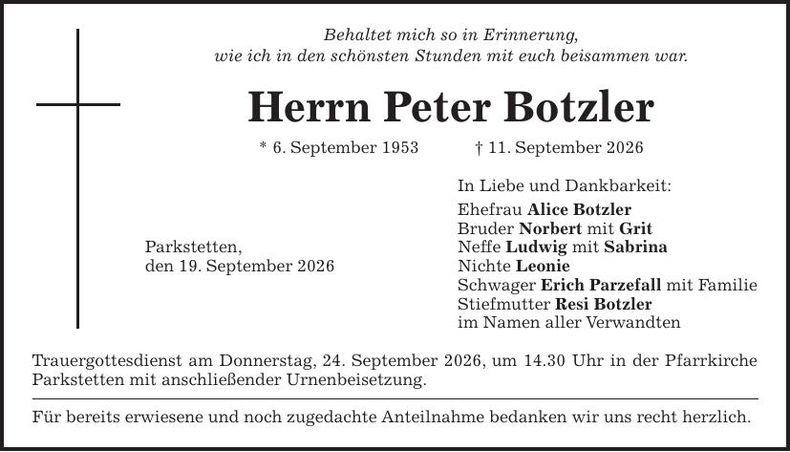 Traueranzeige Peter Botzler
