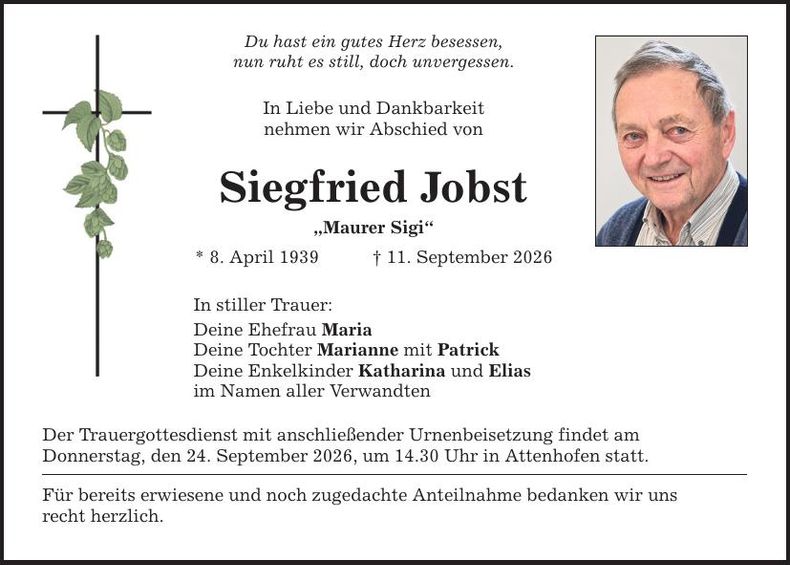 Traueranzeige Siegfried Jobst