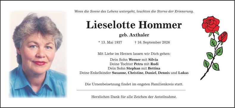 Traueranzeige Lieselotte Hommer