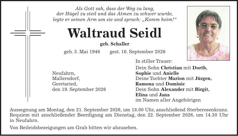 Traueranzeige Waltraud Seidl