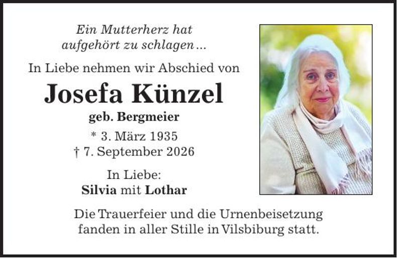 Traueranzeige Josefa Künzel
