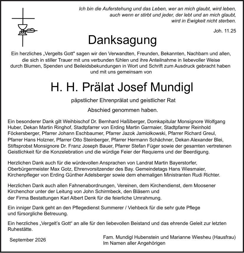 Traueranzeige H. H. Prälat Josef Mundigl