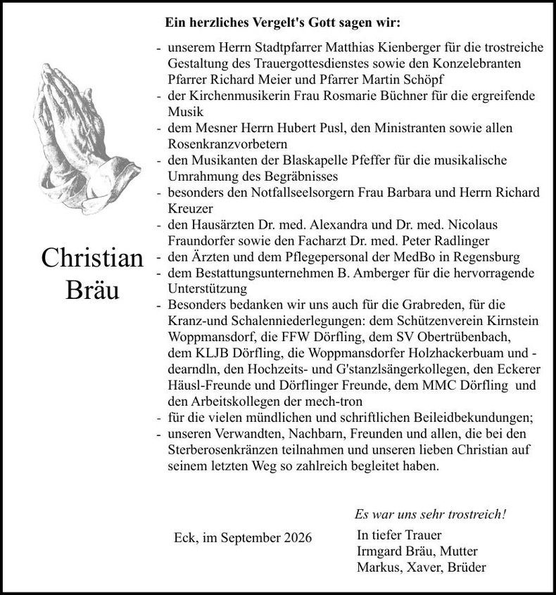 Traueranzeige Christian Bräu