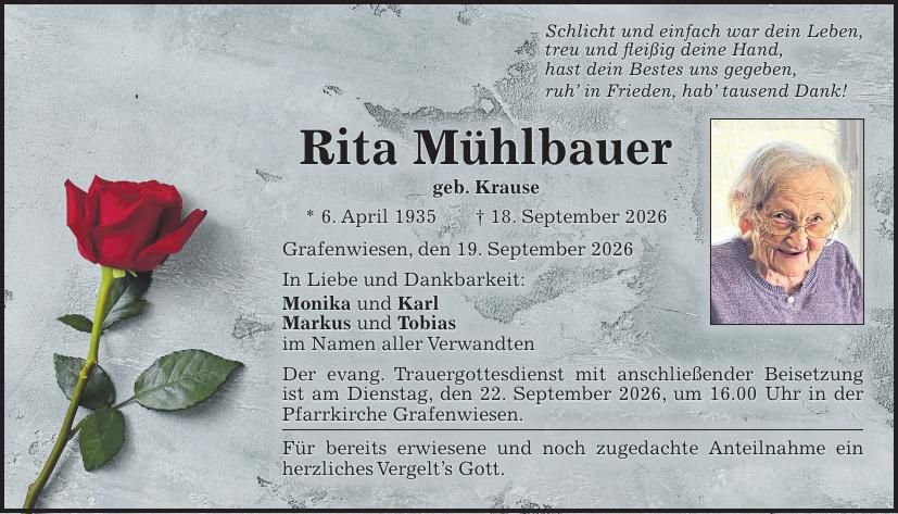Traueranzeige Rita Mühlbauer