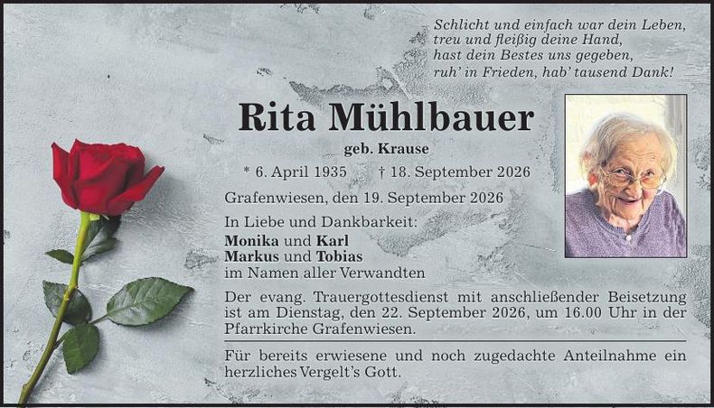 Traueranzeige Rita Mühlbauer