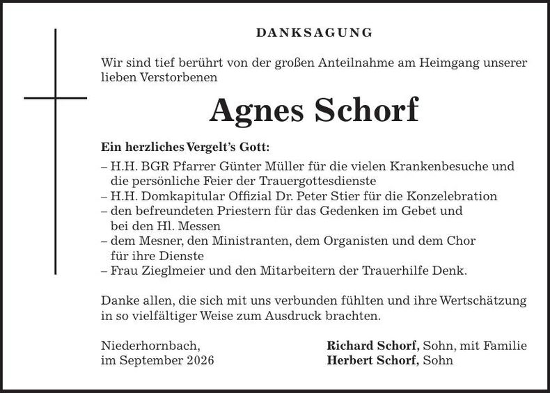 Traueranzeige Agnes Schorf