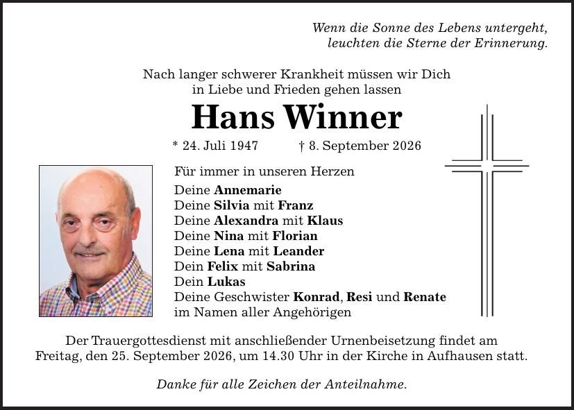 Traueranzeige Hans Winner