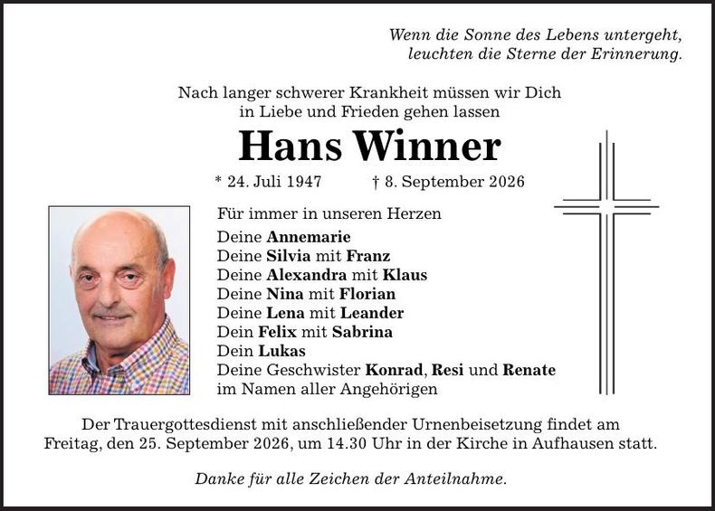 Traueranzeige Hans Winner