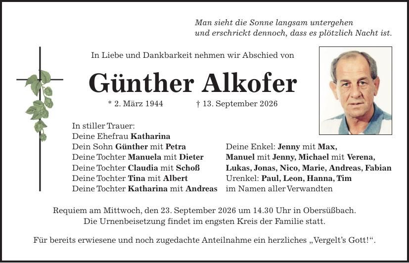 Traueranzeige Günther Alkofer