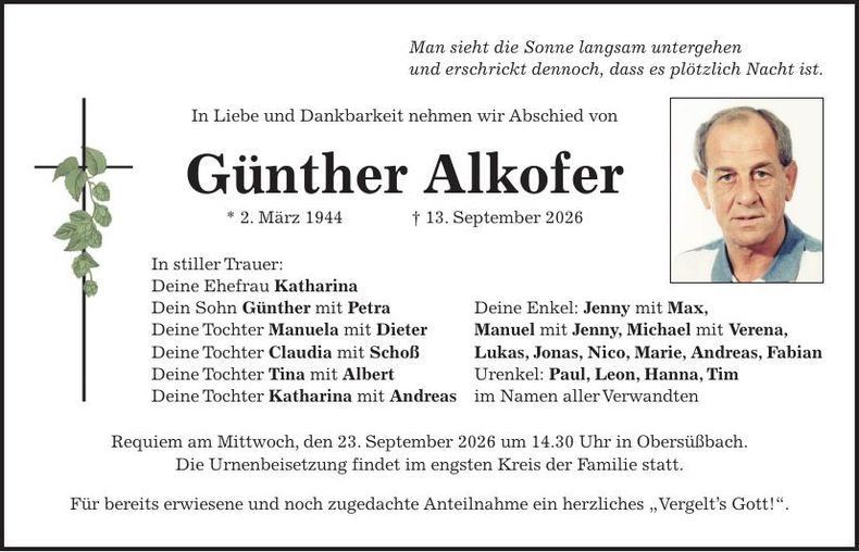 Traueranzeige Günther Alkofer