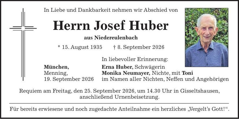 Traueranzeige Josef Huber