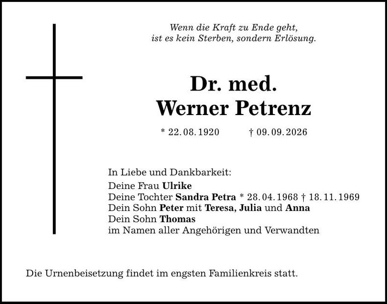 Traueranzeige Dr. med Werner Petrenz