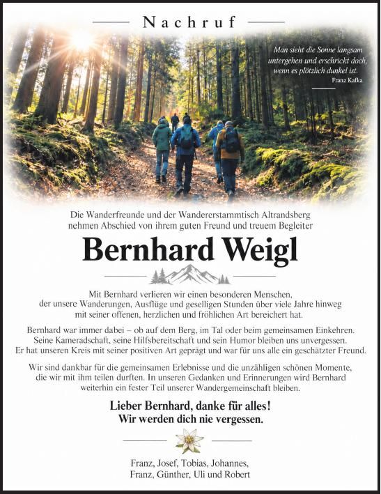 Traueranzeige Bernhard Weigl