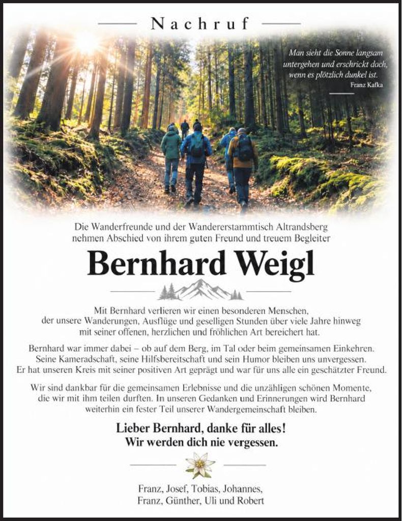 Traueranzeige Bernhard Weigl