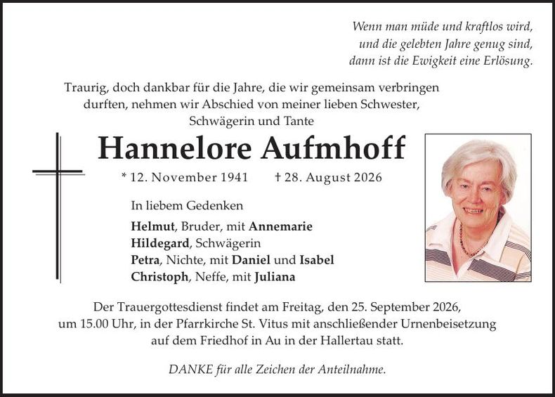 Traueranzeige Hannelore Aufmhoff