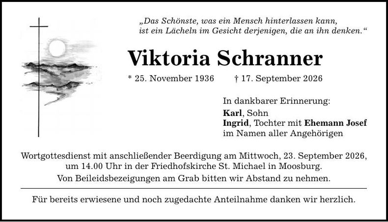 Traueranzeige Viktoria Schranner