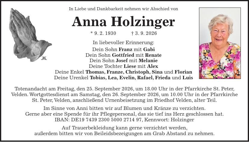 Traueranzeige Anna Holzinger