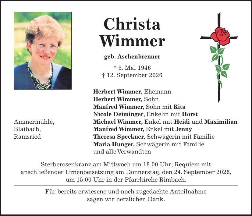 Traueranzeige Christa Wimmer