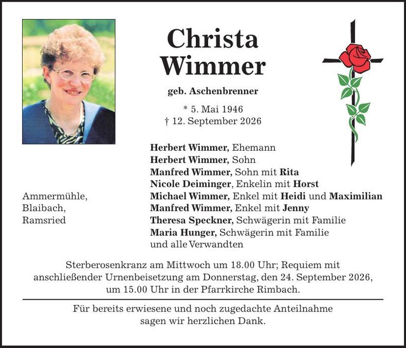 Traueranzeige Christa Wimmer