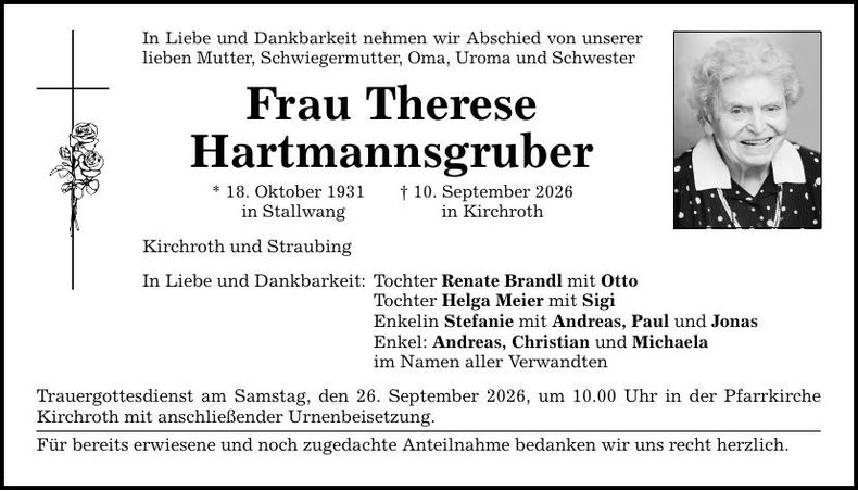 Traueranzeige Hartmannsgruber Therese