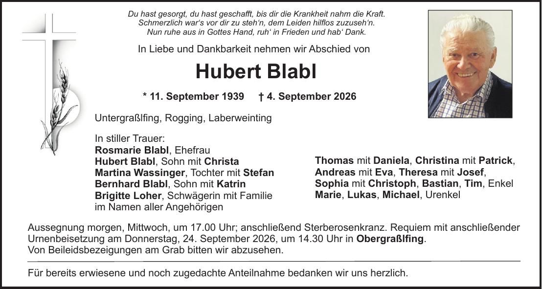 Traueranzeige Hubert Blabl