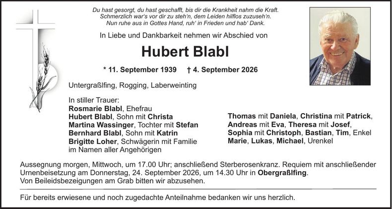 Traueranzeige Hubert Blabl