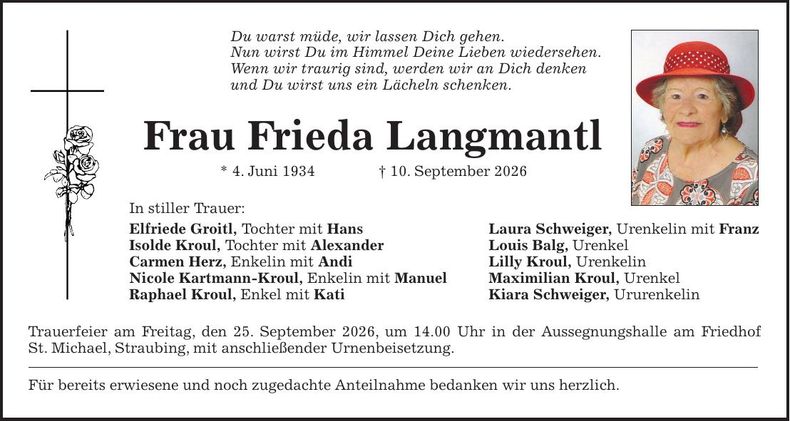 Traueranzeige Frieda Langmantl