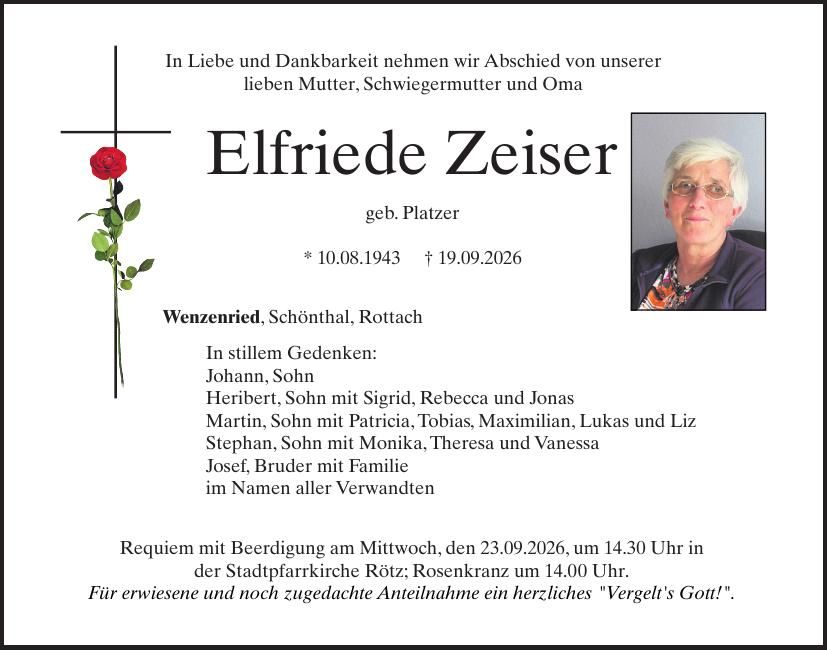 Traueranzeige Elfriede Zeiser