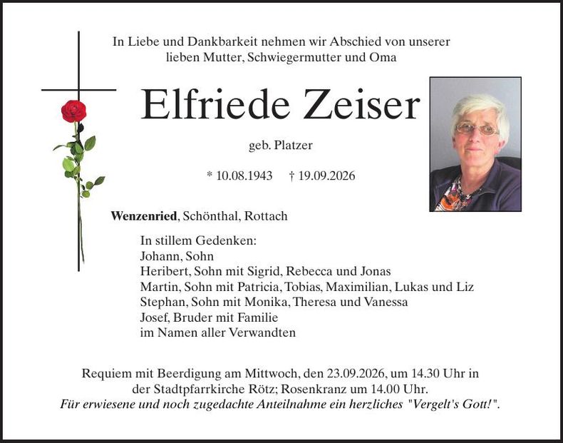 Traueranzeige Elfriede Zeiser