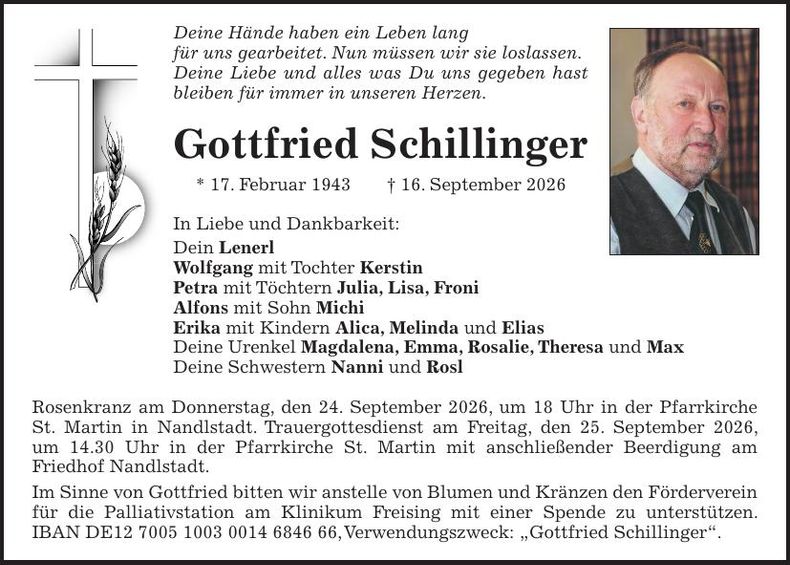 Traueranzeige Gottfried Schillinger
