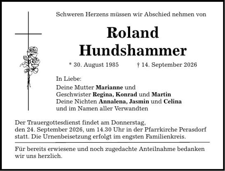 Traueranzeige Hundshammer Roland