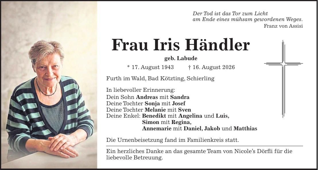 Traueranzeige Iris Händler