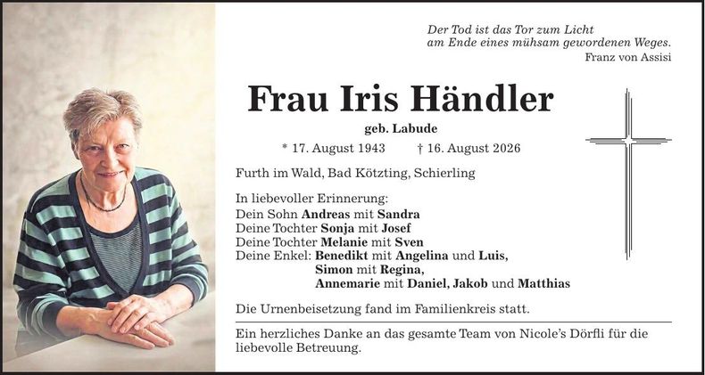 Traueranzeige Iris Händler