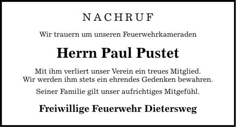 Traueranzeige Paul Pustet