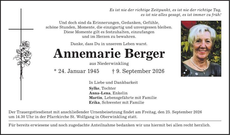 Traueranzeige Annemarie Berger